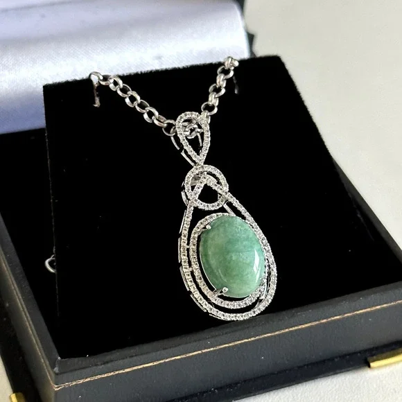 925 Sterling Silver Natural Emerald & White Sapphire Pendant Necklace $1,050 - Picture 4 of 10